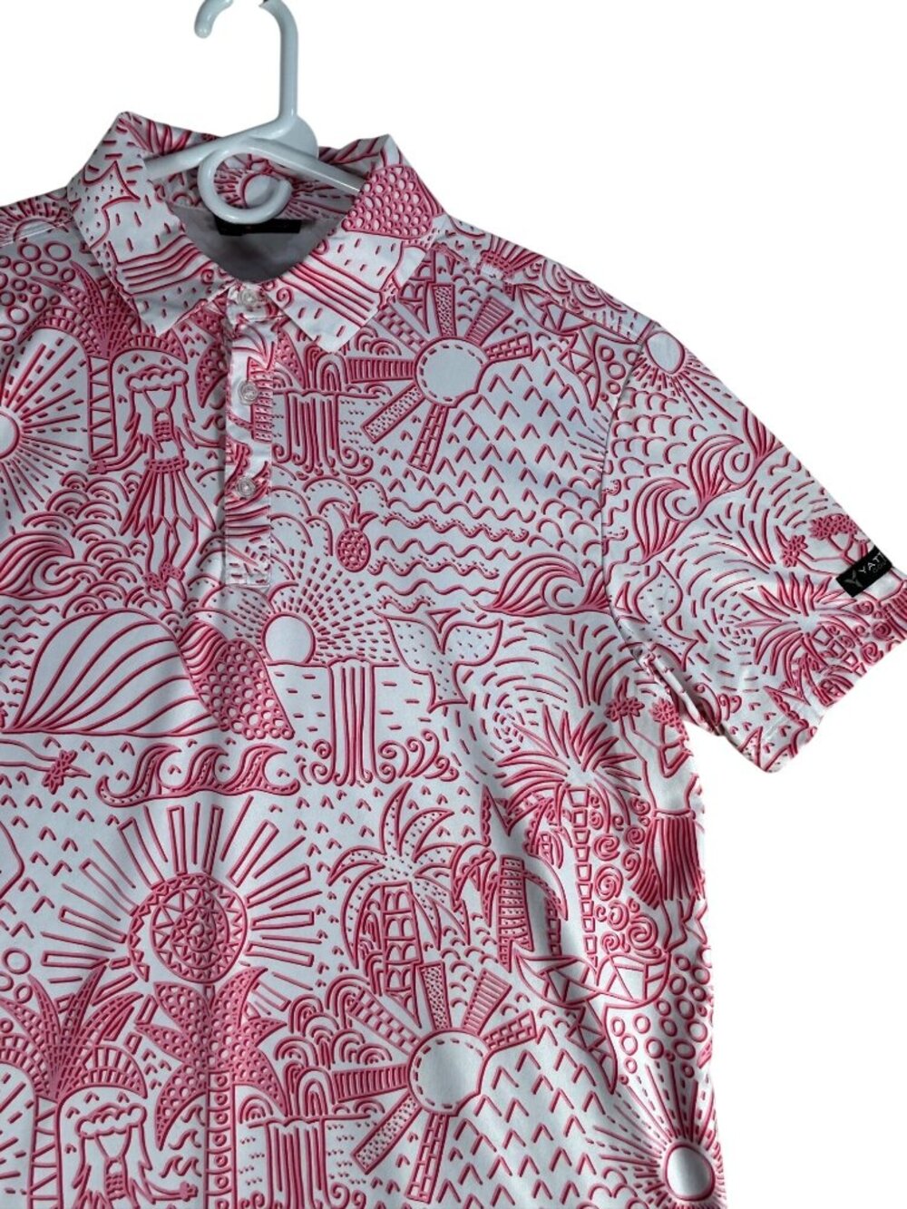 Yatta Golf White & Red Tropical Polo Shirt Mens M Shaka Life Hula Stretch Casual